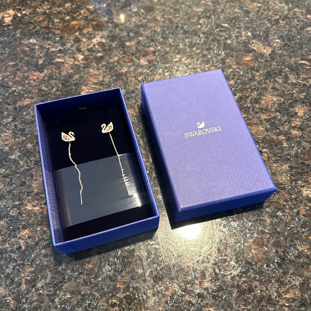 Swarovski Signed Rose Gold-Tone Crystal Swan & Removable Chain Drop Earrings